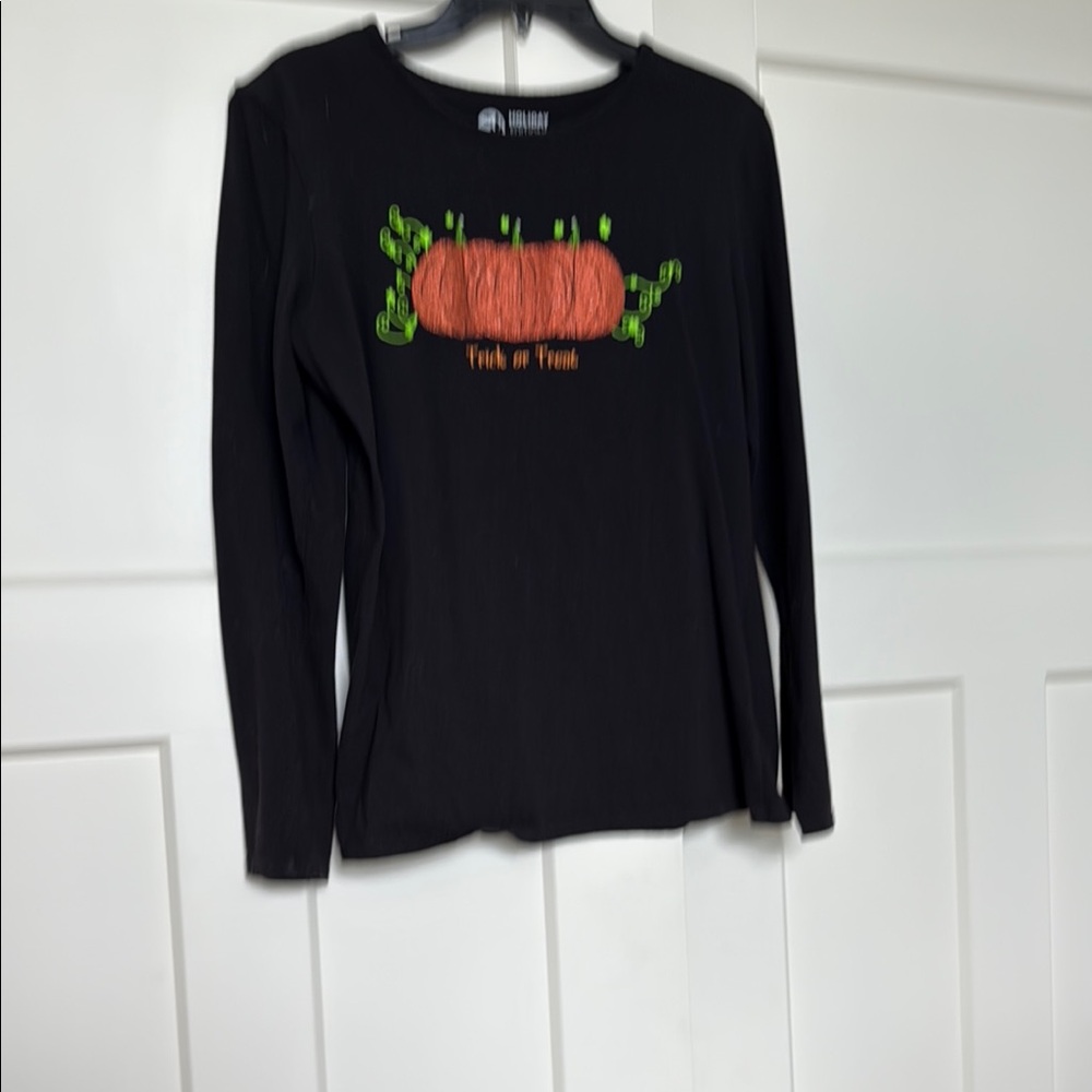Holiday Editions Black Long Sleeve Tee with Pumpkin Design